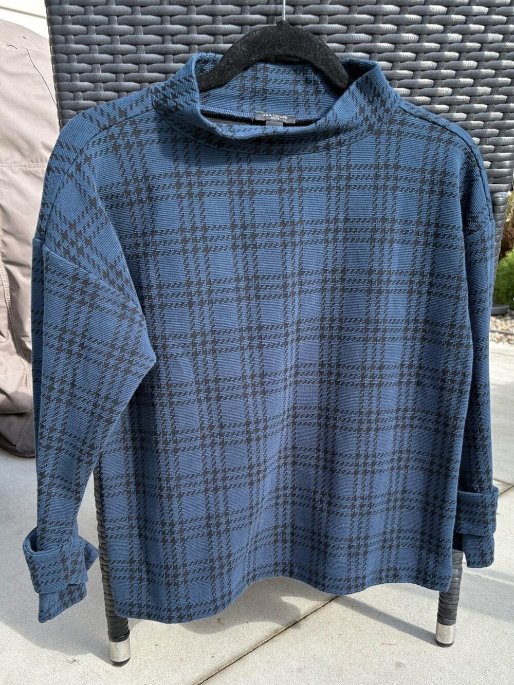 Ann Taylor Blue Plaid Mock Neck Top-Size SP